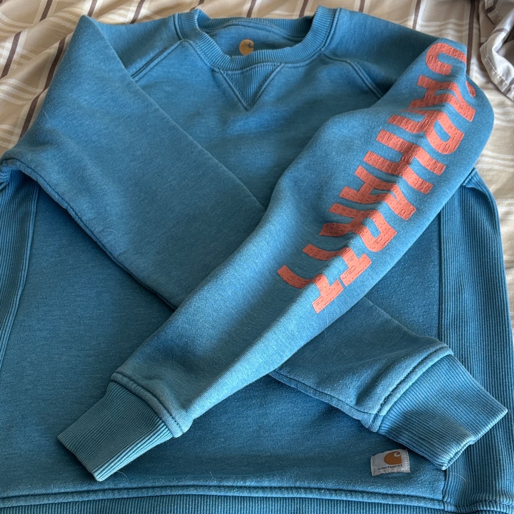 Carhartt Teal Crewneck with Coral Lettering